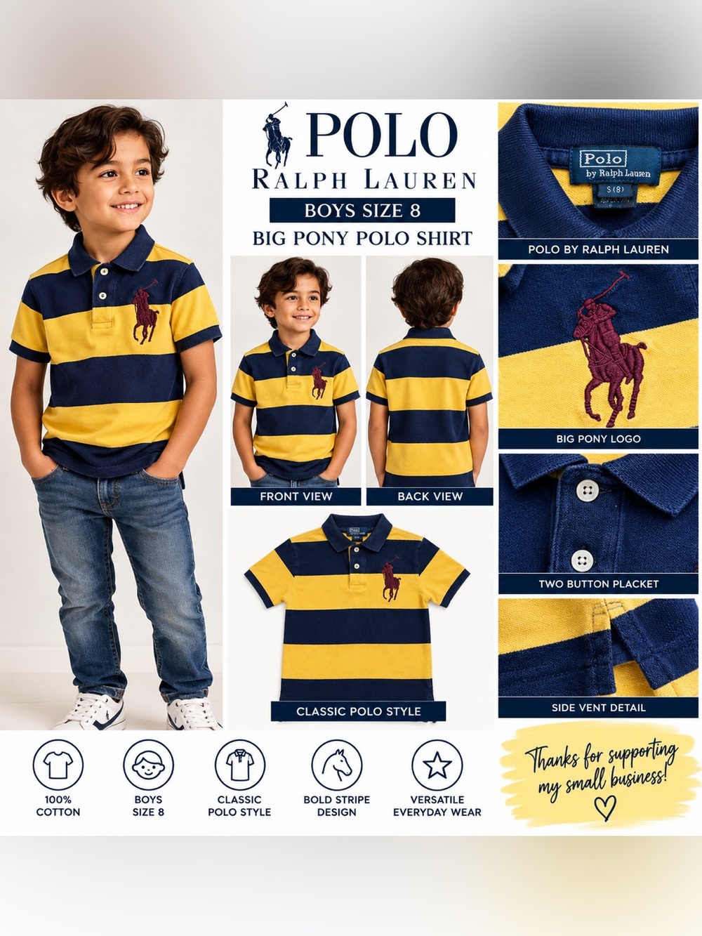 Polo Ralph Lauren Boys Size 8 Big Pony Rugby Stripe Polo Shirt Navy Yellow